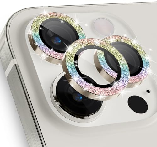imluckies for iPhone 15 Pro - iPhone 15 Pro Max Camera Lens Protector Bling, HD Clear Aluminum Alloy Individual Ring, 9H Tempered Glass Camera Back Screen Protection Film, Glitter Colorful