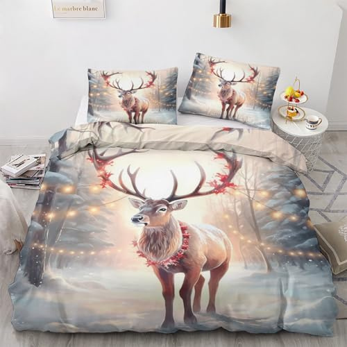 GEDAEUBA Winter Bettwäsche 155x220 Weihnachten Rentier - Kinder Bettbezug 155x220 3 teilig, Wendebettwäsche und Kissenbezug 80x80, Weiche & Angenehme Mikrofaser Bettwäsche-Sets mit Reißverschluss