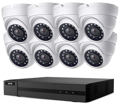HIZONE PRO Home Security Camera System 8-Ch H.265 DVR and Full HD 1080P CCTV Dome Cameras, Human & Vehicle Detection, Smart Playback, Instant email Alert with Image, NO HDD (8Camera(White)+NO HDD)