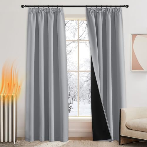 PONY DANCE Thermogardine Wärmeisolierend Doppellagige Lichtundurchlässige Gardinen mit Kräuselband 2er Set H 245 x B 140 cm Silbergrau, Thermal Curtains for Winter Verdunklungsvorhänge
