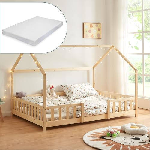 [en.casa] Cama para Niños de Madera Pino Sisimiut con Colchón Espuma Fría 120 x 200 cm Cama Infantil con Reja Protectora Somier Forma de Casita - Pino Natural