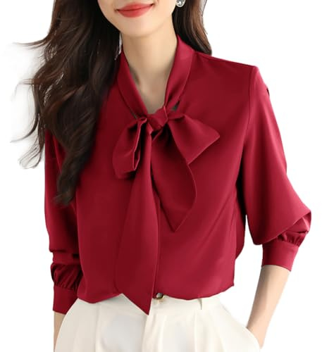 Inzegao Camisa con botones para mujer, blusa de manga larga con lazo para la oficina y el trabajo, Rojo vino, S