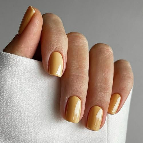 Ceboic 24PCS Press on Nails Short Square Solid Color Acrylic Nails Set French Tip Elegant False Nails Reusable Fake Nails Natural Removable Glue-on Nails Women Girls Nail Art Accessories - Yellow