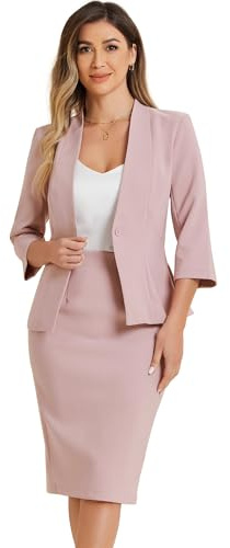Allegra K Business Suit for Women 2 Piece Skirt Set Office Work Outfit | Collarless 3/4 Sleeve Blazer and Pencil Skirts, Formal Professional Clothes, Spring Summer Fall