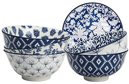 Ard'time - Lot de 6 Petits Bols, bols à Yaourt, Bol à Dessert, Bols en Porcelaine avec Imprimés Bleus, Vaisselle Elégante, Contenance 150ml, Adapté Lave-Vaiselle et Micro-onde, Collection MAJORELLE