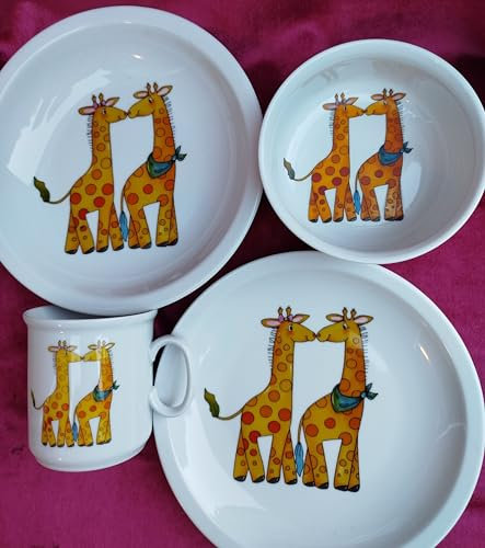 personalisiertes Porzellan-Kinder-Geschirr 4teilig (Dekor Giraffe) mit Wunschname. Wunschname an: info@porzellanschoenknecht.de senden.