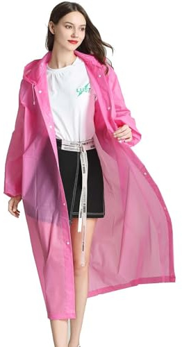 MisFun Regnponcho, bärbar unisex regnmössa, vattentät andas regnponcho festival lång lätt regnrock, ROSA, 20-30
