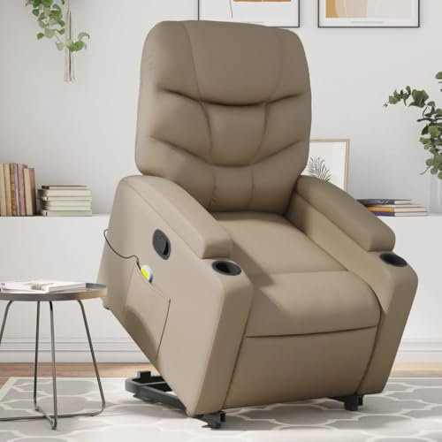 Homgoday Massagefåtölj med uppresningshjälp, TV-fåtölj, relaxfåtölj med liggfunktion, vilstol, seniorfåtölj, TV-fåtölj, klädselfåtölj för vardagsrum, cappuccinobrun, konstläder