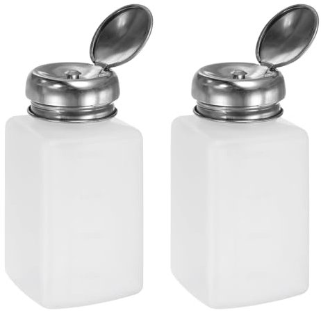 sourcing map 2pcs Solvent Alcohol Dispenser 200ml(6.7oz) Push Down Liquid Dispenser Pump Bottle with Sealing Stainless Steel Lid for Acetone Solution, White