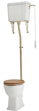 MILANO High Level Cistern Toilet Brushed Brass Flush Kit Oak Effect Seat