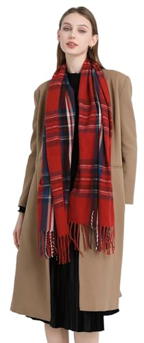Damen Karierter Pashmina Schal – Weicher, Warmer Winterschal mit Quasten Oversize Plaid Stola & Kuscheliger Wrap für Herbst & Winter, Elegantes Geschenk für Frauen (Rot)