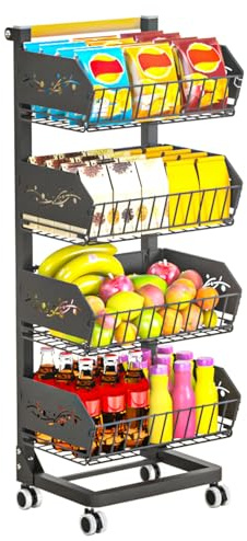 ANJUBAN Heavy 4-Tier Snack Cart with Wheels ，Removable Rolling Pantry Floor Organizers ，Upgraded Wider and Thicker, Kitchen Fruit Basket Stand and Storage Rack for Fruit Snack Onion Potato