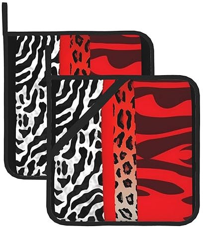 2 Pack Insulation Pot Holders with Pocket for Kitchen, Heat Resistant Hot Pads for Countertops, Red Leopard and Zebra Animal Oven Potholders for Cooking Baking Oven Hot Holders 8 inch Trivet