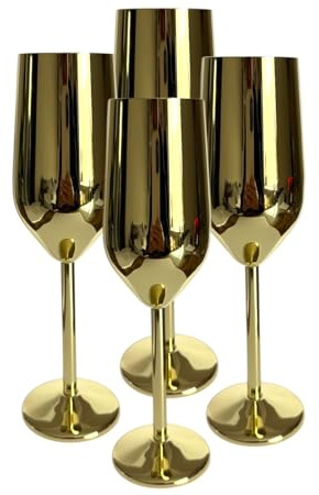Laurie's Pub and Bar Accessories Set of 4 Stainless Steel Champagne Glasses | 220ml | Unbreakable Champagne Flutes (Gold)
