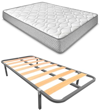 Duérmete Online - Cama Completa con Colchón Marko Reversible + Somier de Láminas Basic con 4 Patas Abrazadera, 90 x 190