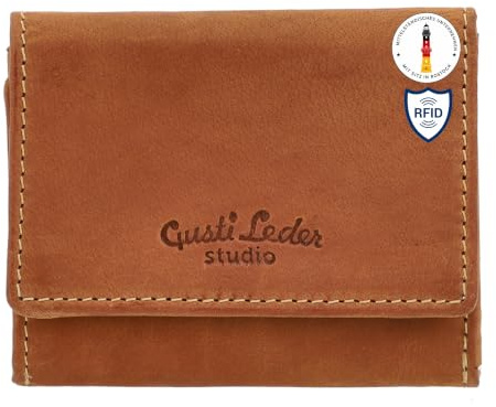 Gusti Leder Geldbörse Herren August - Portemonnaie mit RFID-Schutz aus Echtleder - Brieftasche Cognac Braun - Schlankes Kartenetui mit Münzfach