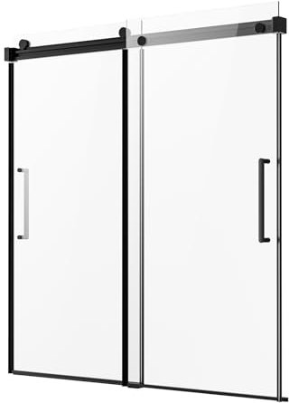 VEVOR Frameless Sliding Bathtub Door, 56-60 in.W x 60 in.H, Frameless Shower Glass Door, Integrated Handle, Double Sliding with 5/16 in Clear Tempered Glass and Stainless Steel Handle, Black Finish