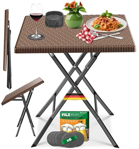 KESSER Tavolo pieghevole per balcone, resistente alle intemperie e ai raggi UV, in acciaio rattan, tavolo esterno con 6 sottobicchieri