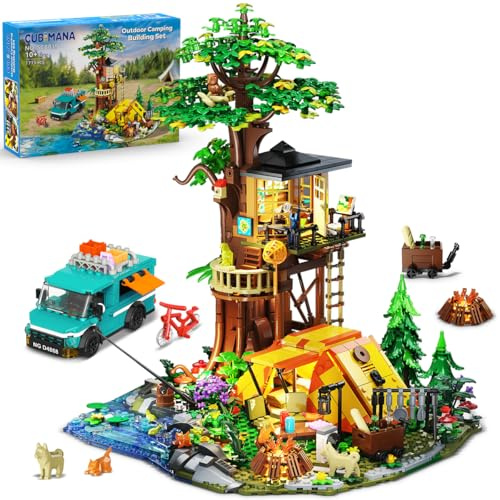 CUBIMANA Cabane Camping dans Les Arbres avec Lumières, 1715 Pièces Blocs Construction Mini 3,6MM, Set avec Tente et Van, Décoration Maison Bureau, Idée Cadeau Anniversaire Adultes Ados Enfants 12+