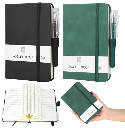 HOCUCHELAND 2 Stück Notizbuch A6, Mini Notizbuch mit Stift und 200 Seiten, Notizblock Klein mit Elastischem Verschlussband und Stifthalter, Pocket Notebook für Männer Frauen