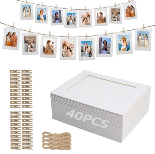 40 Stück Fotogirlande, Fotorahmen aus Pappe 10 x 15 cm, Fotoleine mit Klammern, Papier Bilderrahmen Weiß mit 40 Stück Holzklammern 4 Stück Hanfseil, für Geburtstag Hochzeit Party Jubiläum Deko Party