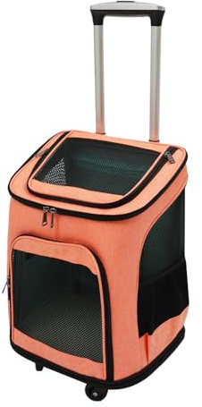 Haustier Rucksack, Klappbarer Haustier Rolling Träger mit Rädern, Hunderucksack Katzenrucksack mit Trolley 2 in 1bis 9 kg, Atmungsaktiv, Transparent für Hunde und Katzen (Orange)