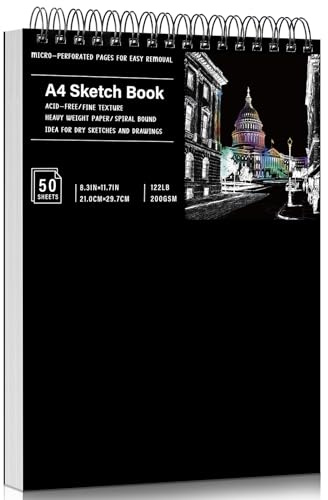 A4 Hardcover Spiral Sketchbook, 200gsm Paper, 50 Sheets, Black