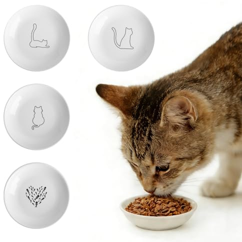 Tmefoy Set di 4 ciotole piatte per gatti in ceramica, ciotole piatte contro ingestioni e per gatti sensibili, ciotola per gatti, ciotola per mangime, set di ciotole