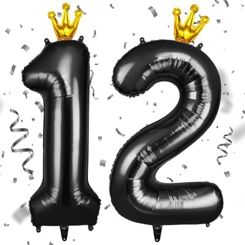 AOOSU Globo Cumpleaños Negro Corona, 101cm Globos Número 12, 40 Inch Globo Numeros Gigante, Grande Globos Foil Inflar con Helio o Aire para Niño Niña Adultos La Boda Aniversario Cumpleaños Fiestas