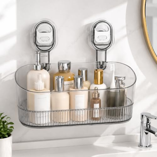 Saugnapf Duschablage Ohne Bohren, Acryl Badewannenablage Duschkorb für Bad | Ablage mit starkem Saugnapf und 2 Haken Wandregal Bad Organizer für Shampoo Duschgel Halter Duschkorb
