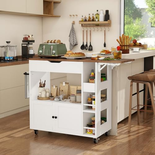 YU YUSING Isola Cucina con Piano Ribaltabile, Carrello da Cucina, Bianco