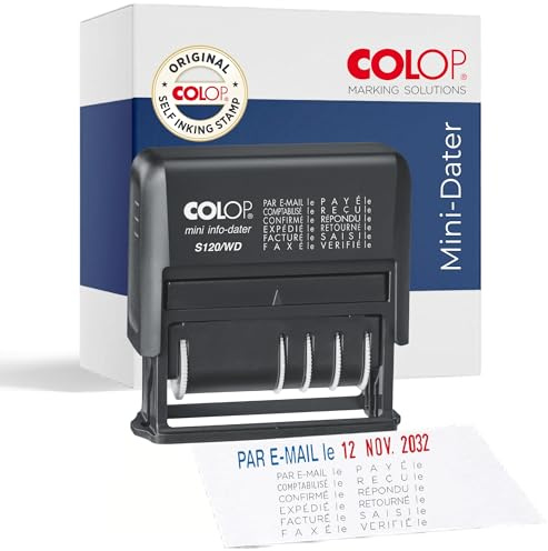 Tampon dateur COLOP S 120/WD | 12 textes + date | Bleu/Rouge | 4 mm