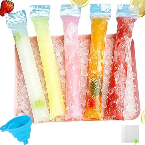300 Pcs Bolsas Para Helados,Molde De Hielo De Agua Casero, Tamaño 5 × 23 Cm, Con 3 Embudos, Molde De Hielo Sin BPA En El Estante De Hielo Bricolaje, Yogur(A)
