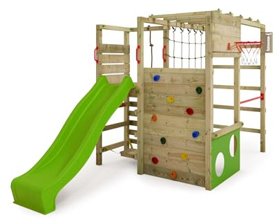 Fatmoose Aire de Jeux Portique d'escalade ActionArena Air XXL avec Toboggan Pomme Vert, extérieur Enfants Tour d'escalade avec échelle, Panier de Basket & Accessoires de Jeux
