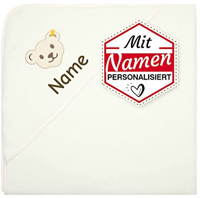 LALALO Steiff Badetuch mit Kapuze, Kapuzenhandtuch Bestickt mit Name für Baby & Kinder, Frottee Badehandtuch/Babybadetuch 100x100 cm (Weiß/Beige)