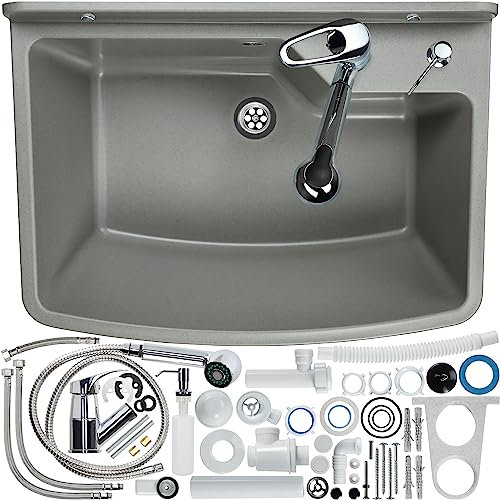 GOSPO Ausgussbecken mit ausziehbare Armatur, Waschbecken 61 x 44 x 23,5 cm, Waschtrog mit Seifenspender, Siphon, Spülbecken inkl. Zubehör, Waschraum, Industrie Waschtisch (grau)