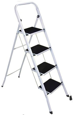 Foldable 4 Step Steel Ladder - Non Slip Tread Stepladder Safety Kitchen, Home, Industrial DIY | Steel Construction Strong & Durable, Long Lasting, Fold Space Saving