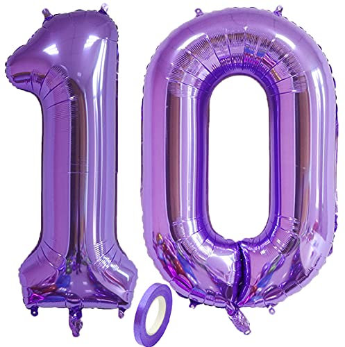 Jrzyhi Ballons gonflables géants en forme de chiffre 10e anniversaire - Violet - Grand chiffre 10 hélium - Grand numéro XXL - 10 ans - Pour anniversaire, mariage, fête - 100 cm