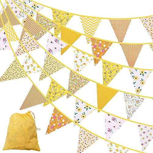 12 m lange Wimpelkette aus Stoff, 42 Stück, gelbe Wimpelkette für Frühling, Sommer, wiederverwendbar, Blumenbanner für Garten, Outdoor, Nachmittagstee, Dreiecksflagge für Ostern, Hochzeit, Geburtstag