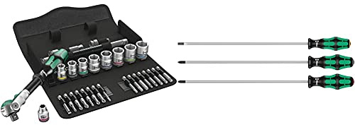 Wera 8100 SB 6 Zyklop Speed 3/8 Multifunction Ratchet & Socket Set, Metric, 29pc, 05004046001 & 335/350/355/3 Kraftform Plus Extra-Long Screwdriver Set, PH/PZ/SL, 3pc, 05347735002