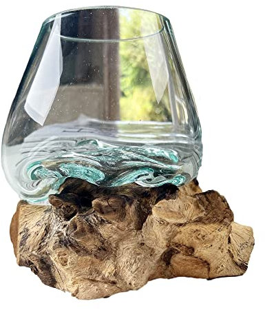 Darthome Molten Glass Home Decorative Bowl On Rustic Teak Root Wood Stand Ornament Gift 14cm