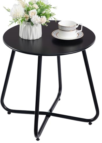 HollyHOME Mesa Auxiliar Exterior Redonda Mesa Auxiliar de Patio & Jardin Mesa Balcon Pequeña Metal Mesa de Centro, Negro