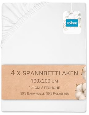 ZOLLNER 4er Set Spannbettlaken in 100x200 cm - mit eingearbeitetem Gummibund - Mischgewebe - waschbar bis 95°C - Hotelqualität - Oeko Tex® Zertifiziert
