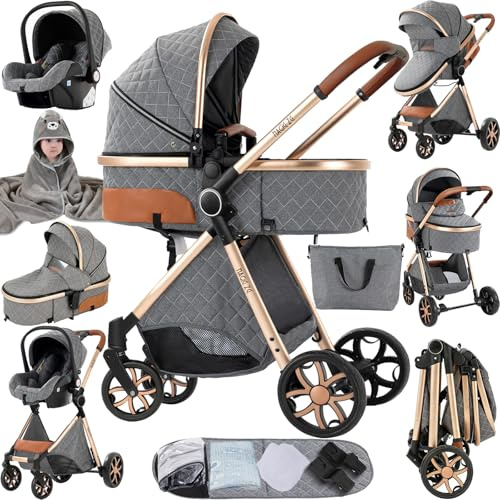 Magic ZC 3 in 1 Pushchair Pram Travel System, Baby Stroller 3 in 1 with Reversible Two Pushing Modes, Newborn Infant Carriage One-Click Folding, Toddler Buggy Aluminum Frame (V9 Grey)