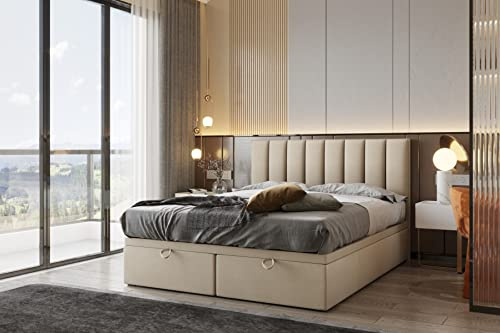 TRADA Boxspringbett Bond 180x200 cm, mit Matratze und Bettkasten, Beige | Boxspringbett mit gestepptes Kopfteil, Double Bed fur Schlafzimmer