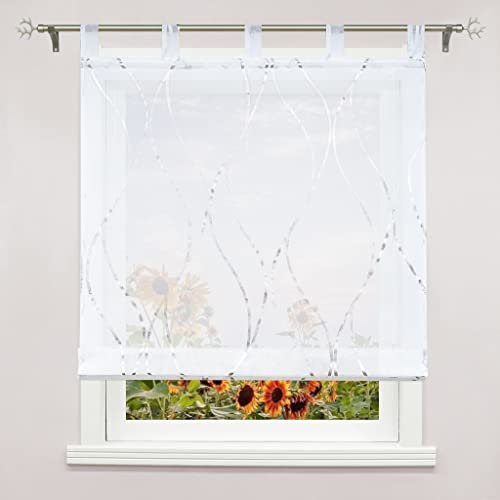 Delien Raffrollo Voile 1 Stück Gardinen mit Wellenmuster »Wogender Fluss« Streifen Transparente Rolls Küche Fenster Schlaufenrollo Modern Raffgardine für Wohnzimmer mit Schlaufen BxH 140x150cm,Silber