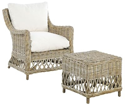 Poltrona da giardino in rattan naturale con cuscini in cotone bianco