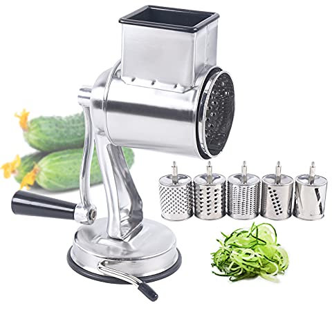 Rallador de acero inoxidable para verduras, rallador manual de verduras, rallador de patatas con manivela y 5 tambores, rallador de pepinos multifunción, rallador para verduras, cebolla, zanahorias