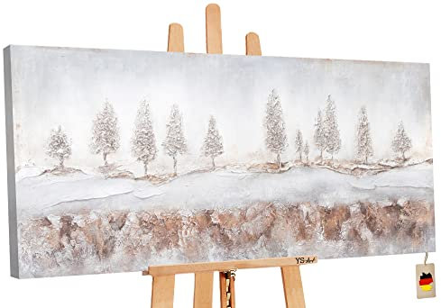 YS Peinture abstraite sur toil paysage de forêt hivernale en blanc et beige Aube Tableau peinte à la main Surface texturée Décoration intérieure 100x50 cm