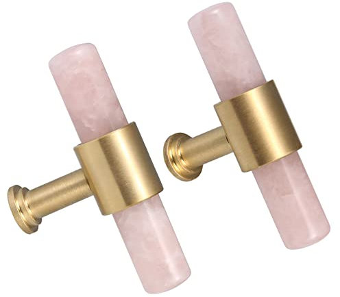 Nupuyai 2pcs Rose Quartz Crystal Stone Drawer Pulls and Knobs, Cylinder Wand Cabinet Knobs Brass Handles for Dresser Wardrobe Kitchen Decor